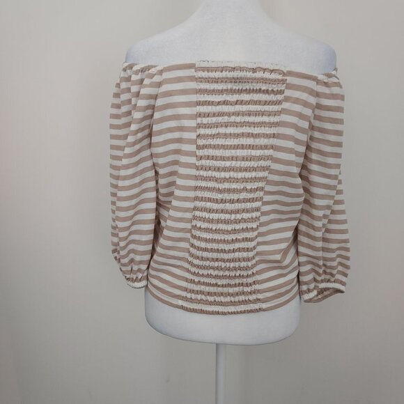 Ann Taylor White and Tan Striped Off the Shoulder Top NWT - Picture 2 of 8